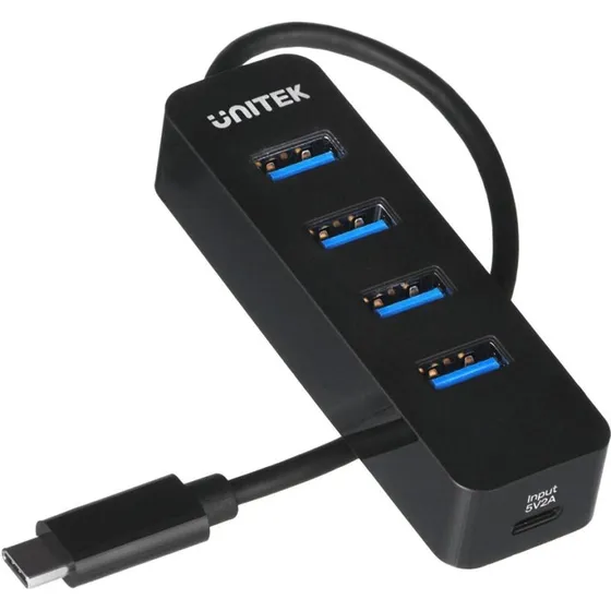 Unitek USB-C til 4x USB-A 3.1 Hub, Aktiv, 10 W, Sort
