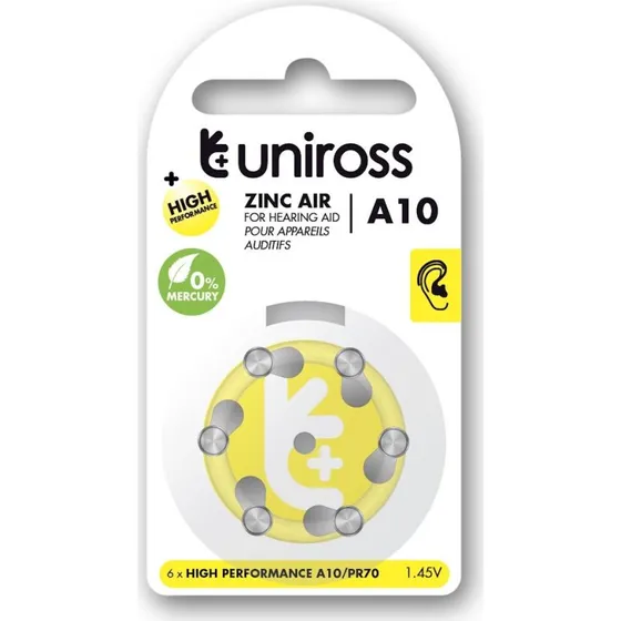 Uniross A10 Høreapparatbatterier 86 mAh, 6 stk.