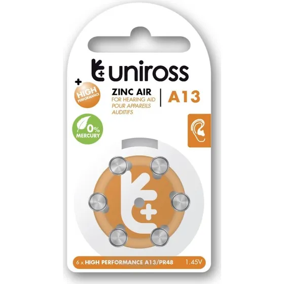 Uniross A13 230 mAh, 6 stk. til høreapparat