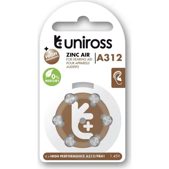 Uniross A312 Høreapparatbatterier 148 mAh, 6 stk.