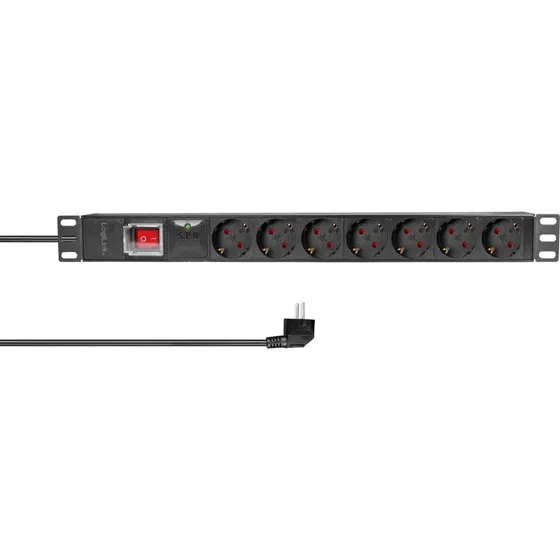 LogiLink PDU7C01 7-vejs strømskinne med overspændingsbeskyttelse, 19" rack, sort