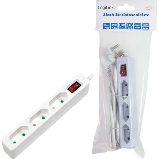 LogiLink Stikdåse 3-stik 1,5 m hvid med afbryder