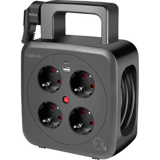 LogiLink Kabeltromle 5 m 4 jordede stik + USB-A/USB-C 20W IP20