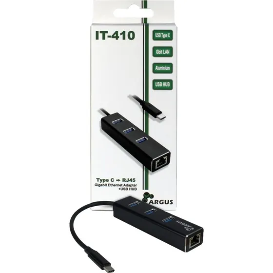 Argus IT-410 USB 3.0-hub med Ethernet, sort