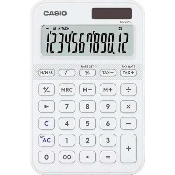 Casio MS-20YC Skrivebordsregner, 12 cifre, hvid, solpanel & batteri