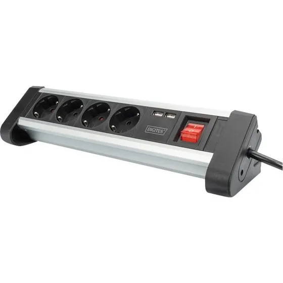 DIGITUS 4-vejs kontorstikdåse med USB, 1,5 m, sort/sølv