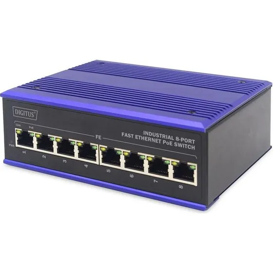 DIGITUS DN-650108 8-Port PoE Switch, Sort/Blå