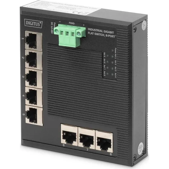 DIGITUS DN-651127 8-port Gigabit Switch, industriel, DIN-monterbar