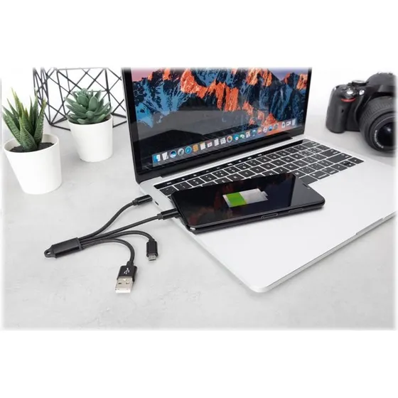 DIGITUS 3-in-1 Charger Cable Lightning, 15 cm, sort
