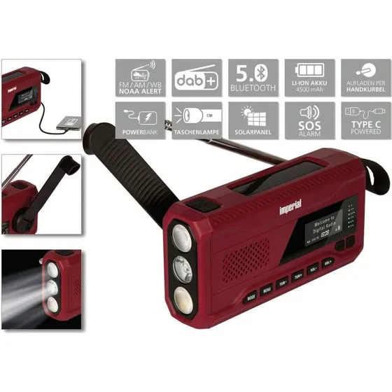 DABMAN OR 2 Rød Mobilradio med Solcelle, Bluetooth og Powerbank