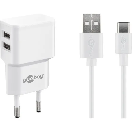 Goobay USB-C Dual Lader 12W, Hvid, 1m Kabel