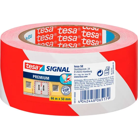 tesa Signal Premium Advarselsmærkningstape 66m x 50mm Rød-Hvid