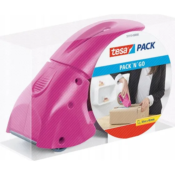tesa PACK' N' GO Tapedispenser, lyserød, med 50 m tape