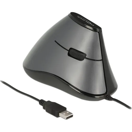 DeLOCK Ergonomisk Vertikal Optisk Mus, 5 Knapper, USB, Sort Grå