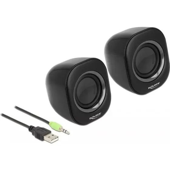 DeLOCK Mini Stereo Højttalere, 2 W, Sort, USB & 3.5 mm