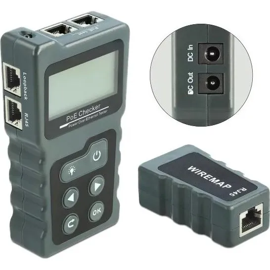 DeLOCK LCD Cable Tester RJ45/PoE/DC, mørkgrå