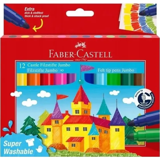 Faber-Castell Jumbo Tuscher 12 Farver, Supervaskbare