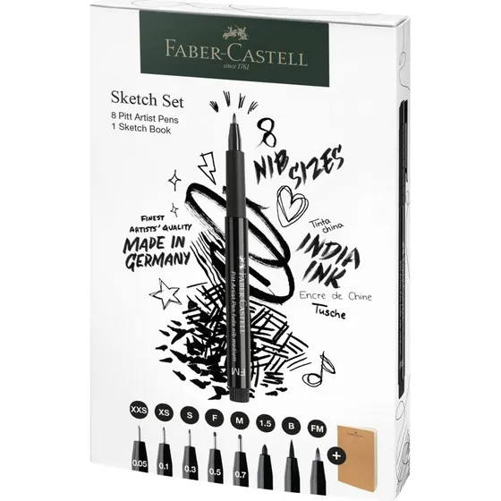 Faber-Castell Pitt Artist Fineliners 8 stk + Sketchbook