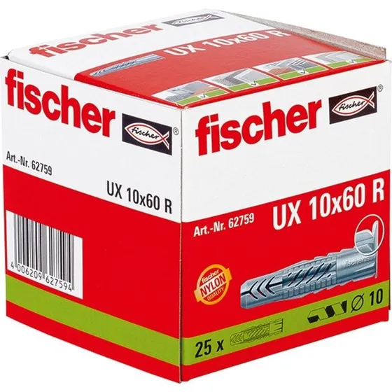 Fischer UX Universal Plug 10x60 mm R med krape, 25 stk