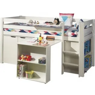 Pino halvhøj seng med skrivebord og opbevaring, hvid