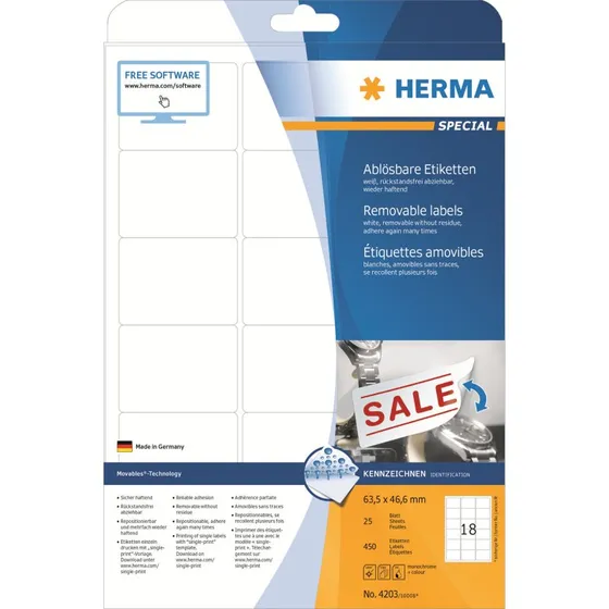 HERMA Special Aftagelige Etiketter 63,5 x 46,6 mm, 450 stk