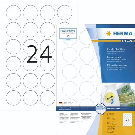 Herma Special Runde Aftagelige Etiketter, 40 mm, Hvid, 2400 stk