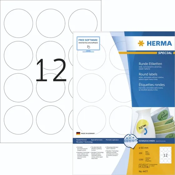 Herma Special Runde Etiketter 60 mm, 1200 stk, Hvid