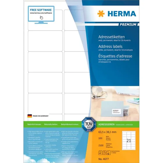 Herma Premium Hvid Laminerede Etiketter 63,5x38,1 mm (2100 stk)