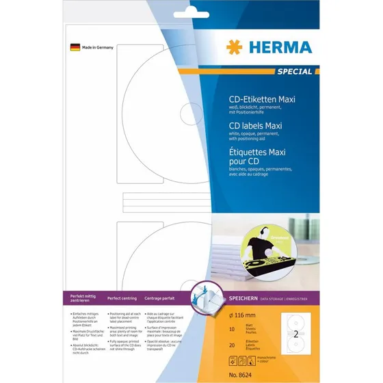 HERMA Special Maxi 116 mm Runde Hvide CD/DVD-etiketter, 20 stk