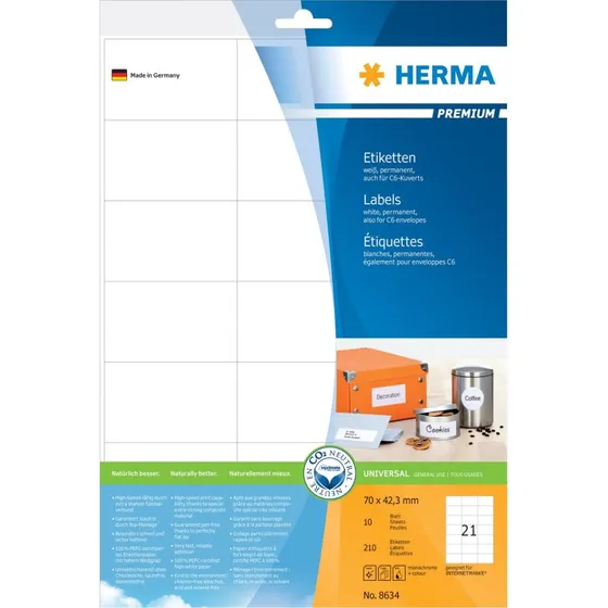 HERMA Premium Laminerede Etiketter 70 x 42,3 mm, 210 stk