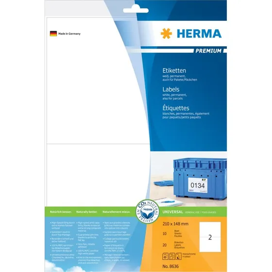 HERMA Premium Laminerede Adressemærkater 210 x 148 mm, 20 stk