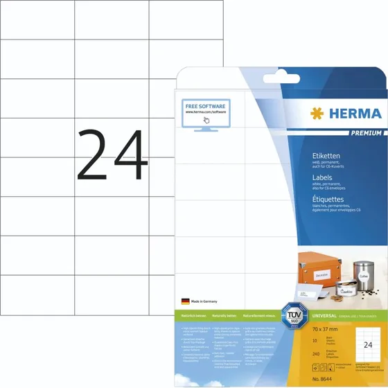 Herma Premium 70x37 mm Hvide Laminerede Etiketter, 240 stk