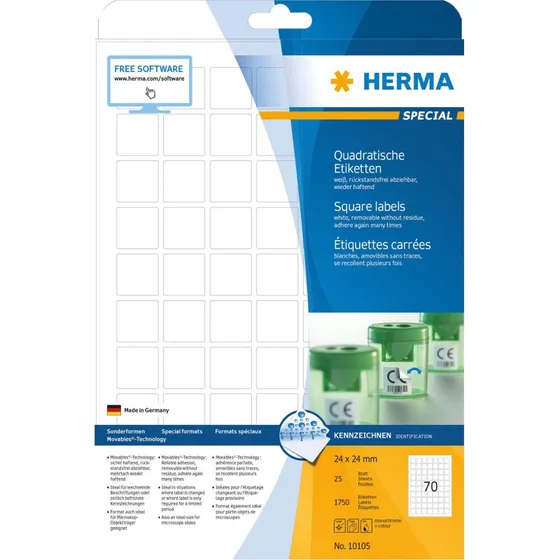 HERMA Etiketter 24 x 24 mm, 1750 stk, hvid, aftagelig selvklæbende