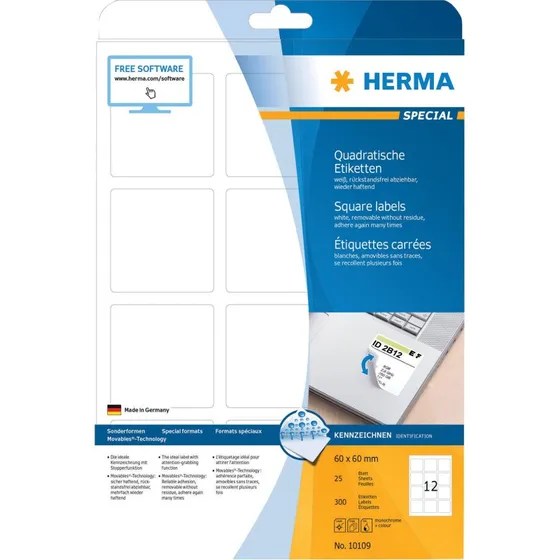 HERMA Special 60x60 mm Aftagelige Hvide Etiketter, 300 stk