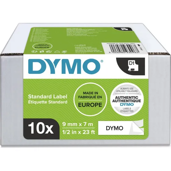 DYMO D1 9 mm sort/hvid etikettape, 10 ruller