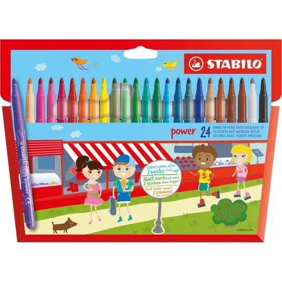 Stabilo Power Fibre Tip Pen 24 Farver, Vaskbart Blæk