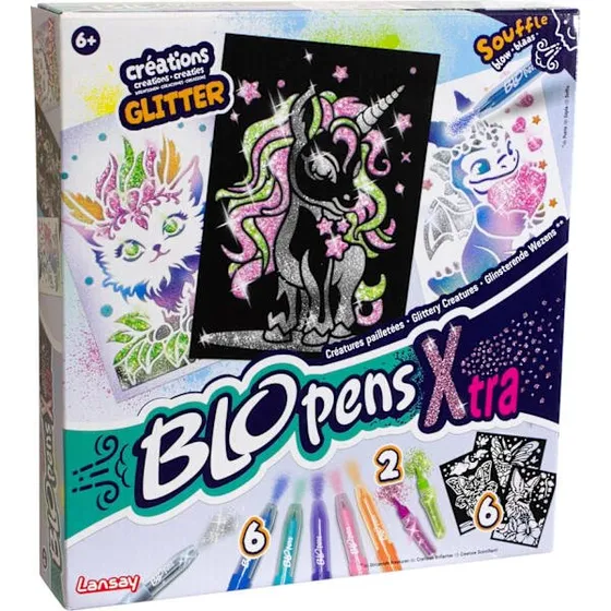 Blopens Xtra Glitter Creations – 5 farver, 1 metallisk pen, 6 stencils & glitterlim