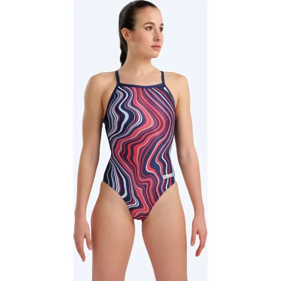 Arena Lightdrop Back Marbled badedragt - Mørkeblå/rød