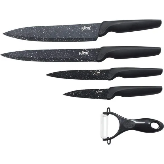 4x Knive og Kartoffelskræller – Sort Rustfrit Stål