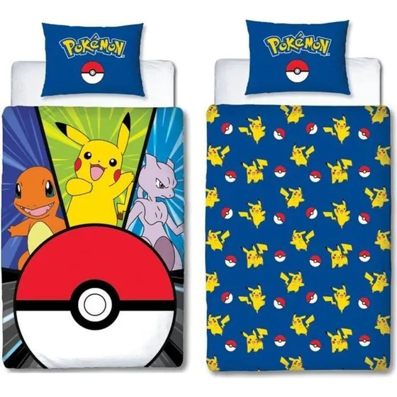 Pokémon Dynebetræk 140x200 cm, Mikrofiber, Gul/Hvid/Rød, 2 dele