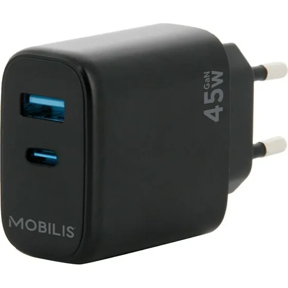 Mobilis 45W GaN USB-C/USB Vægoplader, Sort