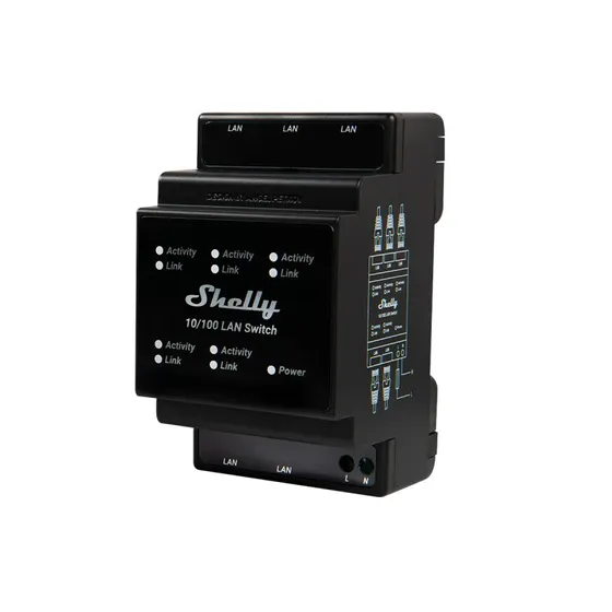Shelly LAN Switch 5xRJ45, DIN-skinne, sort