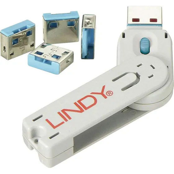 Lindy USB-A Port Blocker med Monteringsnøgle (4 stk) Blå