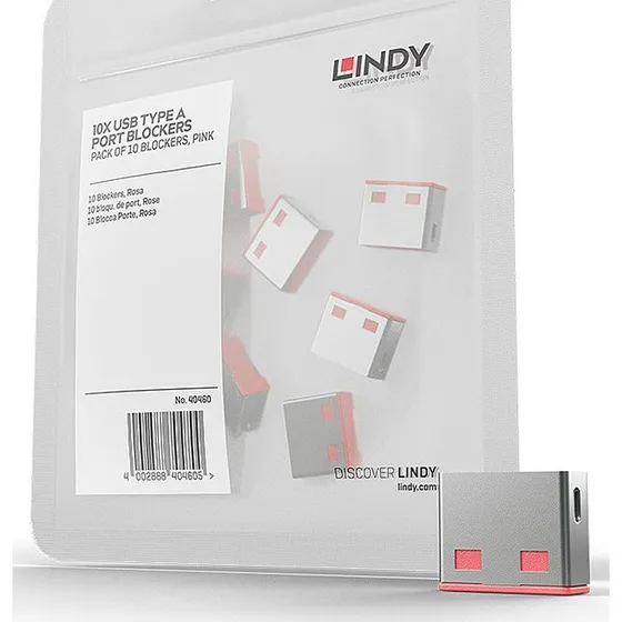 Lindy 40460 USB-A Port Blocker, Pink, 10 stk