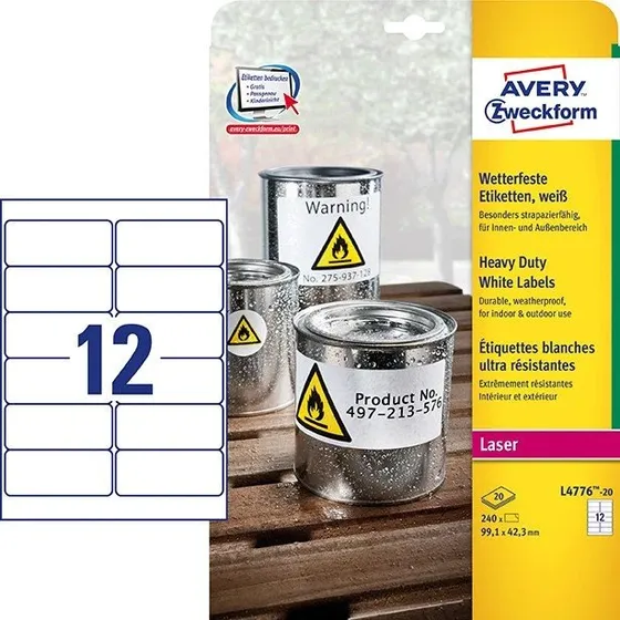 Avery Polyesteretiketter, hvide, 99,1x42,3 mm, 240 stk