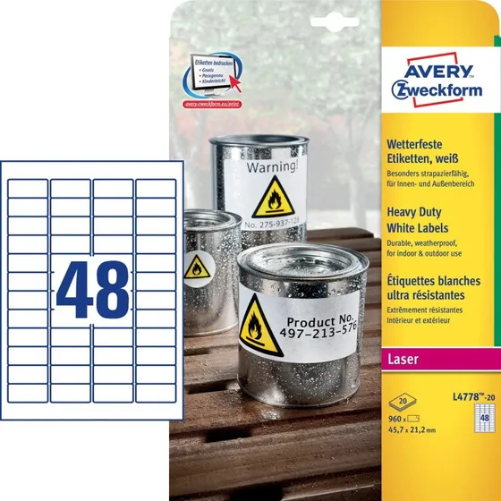Avery Holdbare Hvide Etiketter 45,7x21,2 mm, 960 stk