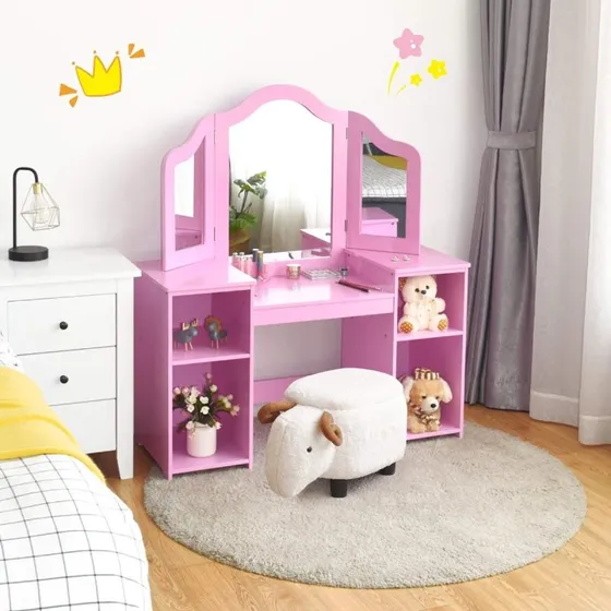 Pink 2 i 1 toiletbord med aftageligt spejl og trærammer, til børn fra 3 år