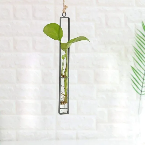 Hængende glasvase med stålramme – Sort, 27,2 x 4 cm