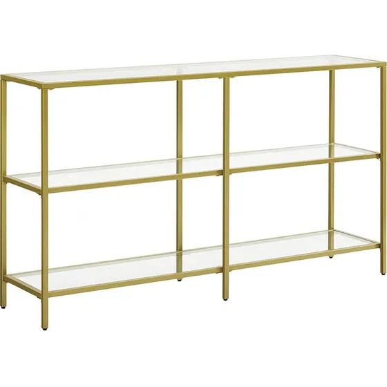 VASAGLE Konsolbord i hærdet glas med 3 hylder, guldfarvet stål, 130x30x73,3 cm
