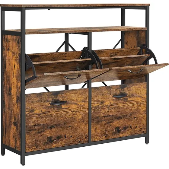VASAGLE Skoskab med 4 klapper, rustik brun/sort, 98,3 × 30 × 95 cm